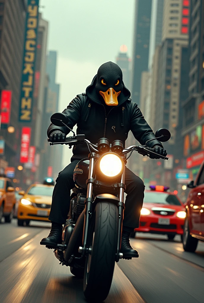 dark black biker with duck head, high speed in the busy city driving a crossover 

