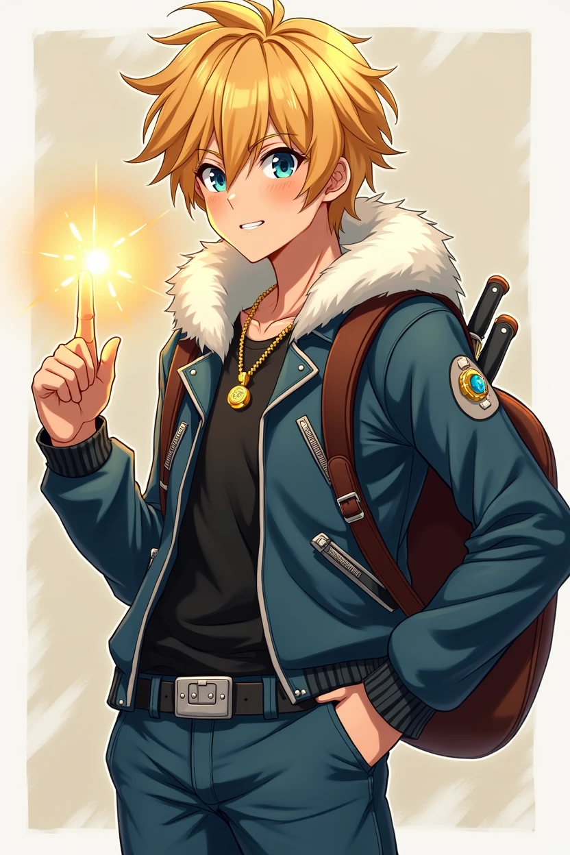 adolescent, athletic, blond hair, eyes the color of honey, Leather jacket with polar fleece on the hood, schoolbag, belt with knives, blue pants, black boots, Gold necklace with a sky-blue gem, power in one hand, anime, 4k, epic