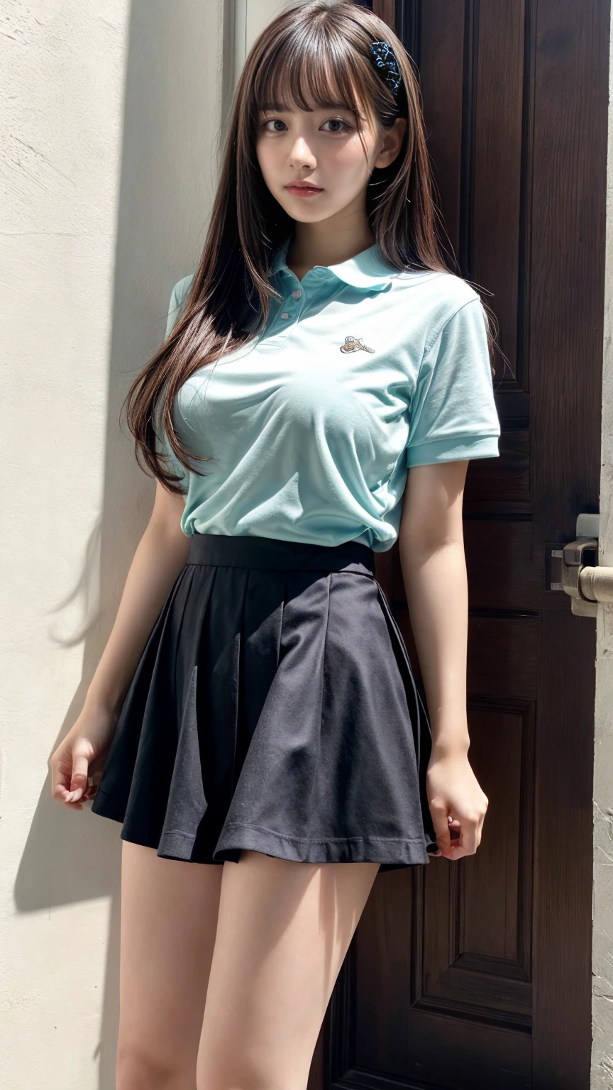 masterpiece, best quality, illustration, Super detailed, fine details, High resolution, 8K,wall paper, perfect dynamic composition,(Details High quality, realistic depiction of eyes:1.3), (Fashionable, with soft pastel colors, black skirt, pernas nu, camisa polo preta, uniform soccer, ambiente urbano), straight hair, large breasts, black hair color, Big Natural Color Lip, (perfect body shape), crying a little、Harajuku style、20 year old girl、cute type、lolita、beautiful legs, hotel room, Gravure Idol