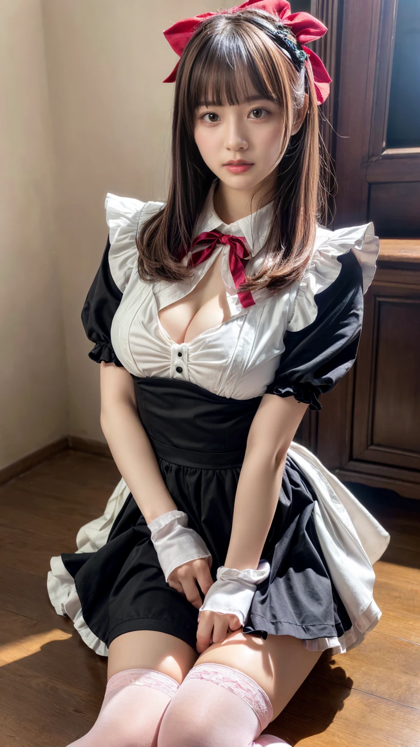 (skirtlift:1.8), (masterpiece, best quality, pretty face, upper body, zettai ryouiki, thighs, looking at viewer:1.4), beautiful girl, gardeniass, 8k, EF 50mm, official art, raw photo, absurdres, from below, standing, (black thighhighs, maid, maid headdress, short sleeves, frills, choker, maid apron, puffy sleeves, wrist cuffs, grab skirt, self lift:1.3), downcast, tearfilled eyes, (sad, angry:0.5), slender, small waist, thin arms, large breasts, bedroom, facelight, soft lighting, warm color, film grain, chromatic aberration, sharp focus, natural, candid, extremely detailed eyes and face, (dark background, bokeh, blurred background, white pantie:1.2)