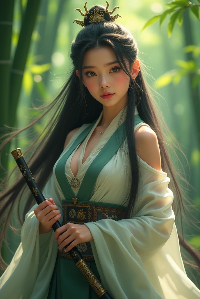 a beautiful young girl in a wuxia-style setting, long flowing hair, big breast, elegant hanfu dress, holding a sword, serene expression, lush green bamboo forest background, cinematic lighting, detailed facial features, photorealistic, 8k, intricate details, masterpiece