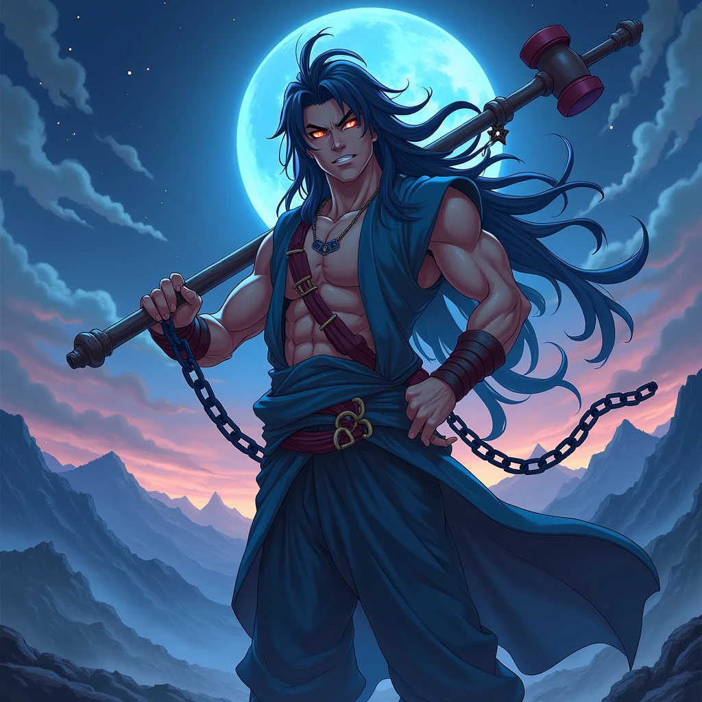 Please create a character resembling Gyomei in demon slayers, long hair who wields a very long chain having two hammers at the end, his gorgeous bright eyes, his vein counters like a body builder, beautiful anime wallpaper manga style. Atmosphere night mountain, Body builder, Sage of the mountain, . Anime