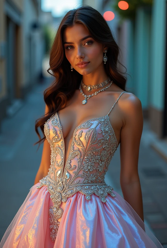 Busty girl in an intricate iridescent holographic dress