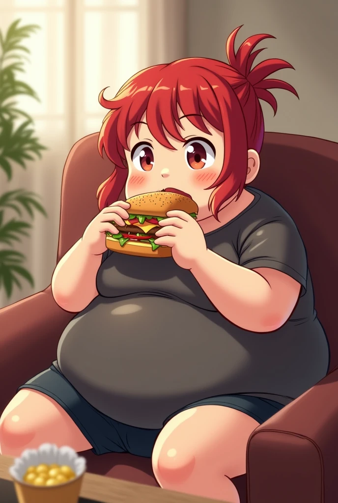 obese anime boy, with red hair tied in a ponytail, he is sitting on the couch eating junk food