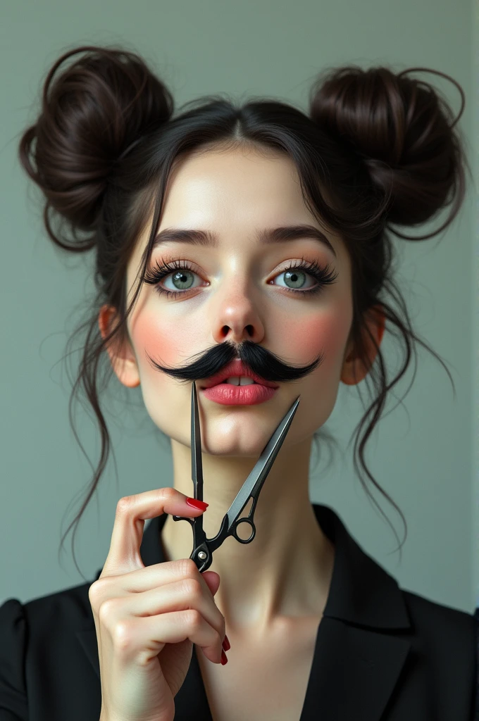 Woman&#39;s face with 2 buns covering her eyes with hairdressing scissors and blowing a kiss with a mustache