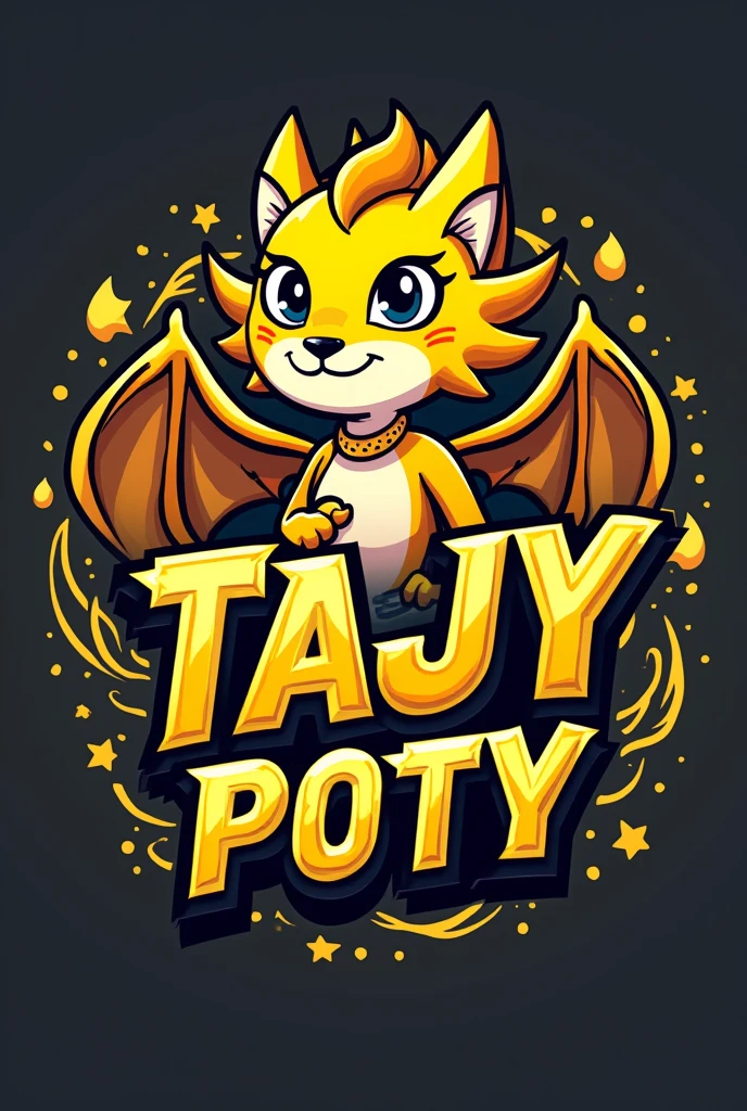 A logo for a team whose distinctive color is yellow, Her name is TAJY POTY and her pet is a dragon