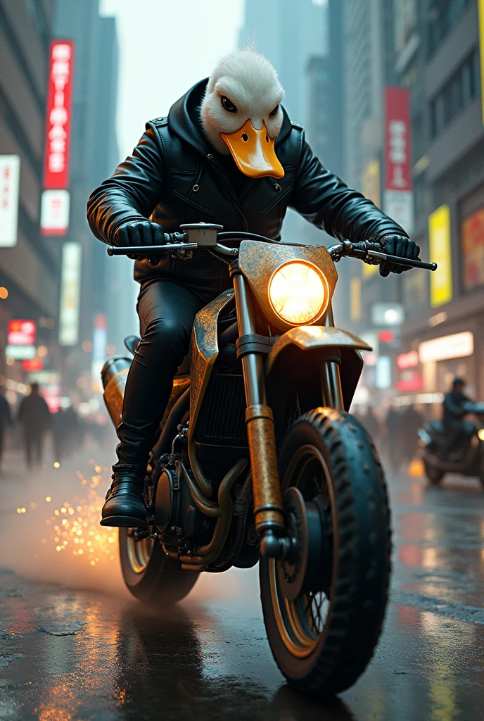 dark black biker with duck head, high speed in busy city driving a dirt bike