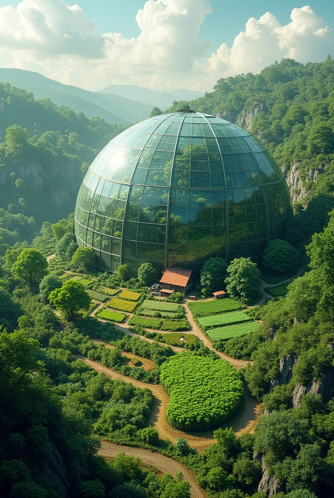 A huge green house dome, rich with vegetation making a small a little world that supports its ecosystem and in it is a house of a farmer who lives in that big dome with a vast land for farming under that huge greenhouse including his house