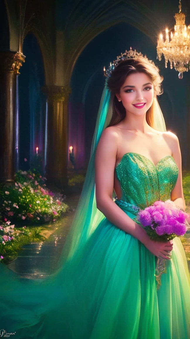 (a beautiful woman in a stunning gown of flowing silk with a radiant smile and captivating eyes),vibrant colors,highres,ultra-detailed,sharp focus,soft lighting,realistic,fantasy-inspired,portraits,subtle color palette,ethereal glow,fairytale,graceful,pastel shades,enchanted garden,lovely flowers,twinkling lights,whimsical ambiance