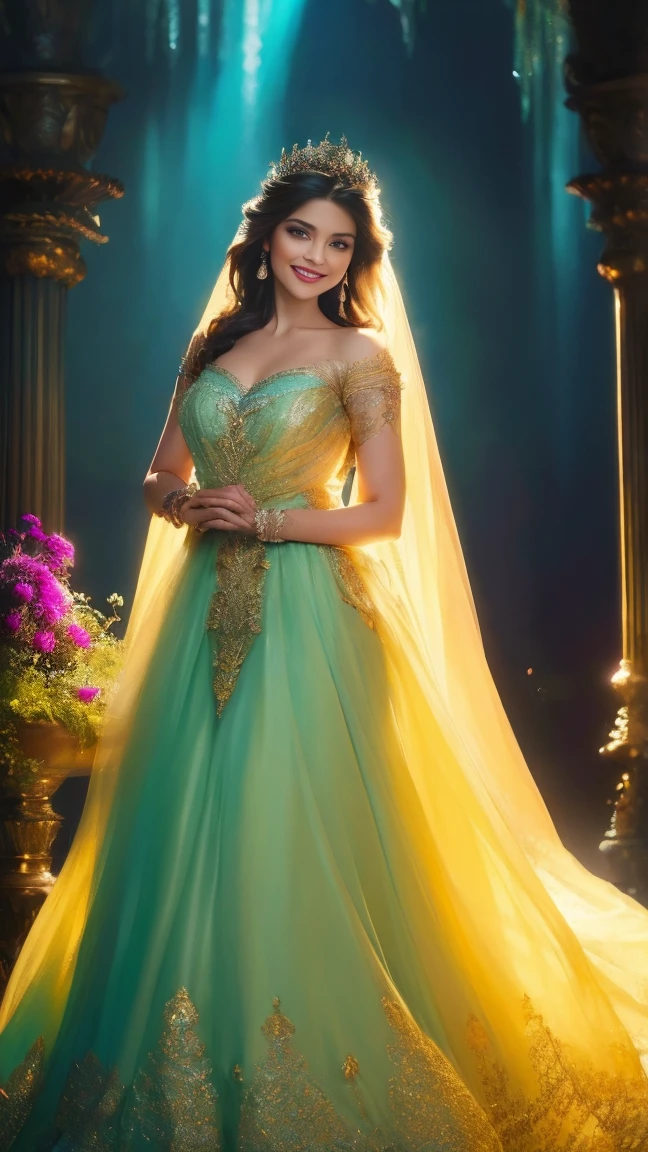 (a beautiful woman in a stunning gown of flowing silk with a radiant smile and captivating eyes),vibrant colors,highres,ultra-detailed,sharp focus,soft lighting,realistic,fantasy-inspired,portraits,subtle color palette,ethereal glow,fairytale,graceful,pastel shades,enchanted garden,lovely flowers,twinkling lights,whimsical ambiance