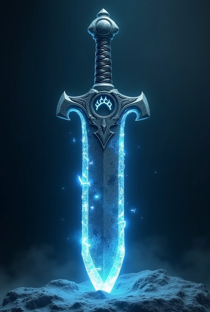 the picture shows a huge claymore, which appears powerful and has a blue glow around it. The handle is very elegantly decorated and looks as if it were made of ice. a bear paw is engraved on the upper part of the blade