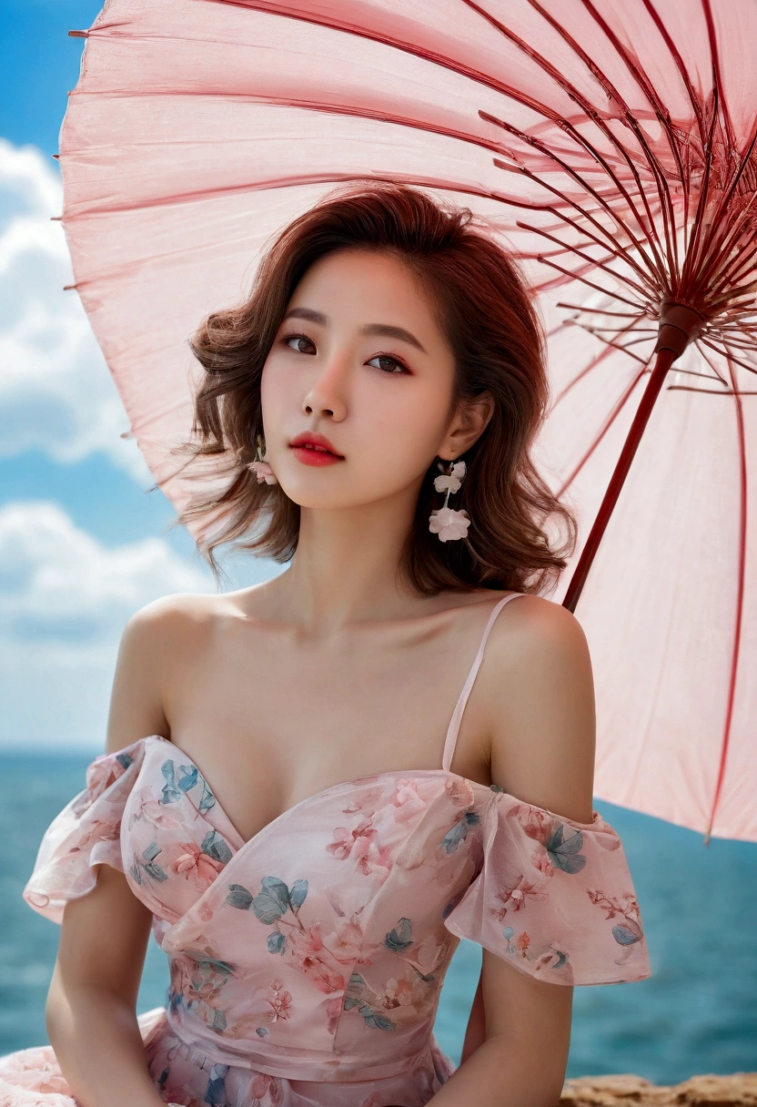 Beautiful and charming woman in fashion trend., Whole body: 1.6, holding flowers, random hairstyle, sitting under an umbrella, by sea, random color tight dress, hair blowing in the wind, Blue sky and white clouds., delicate and sexy clavicle, covering the chest, lovely goose egg face, double eyelids, Smart peach blossom eyes, pink lips, small, upturned nose, bare shoulders, Focused face, Closeup of face, ultra high definition, Super detail, ultrafine translucency, fresh and good, transparent, rosa