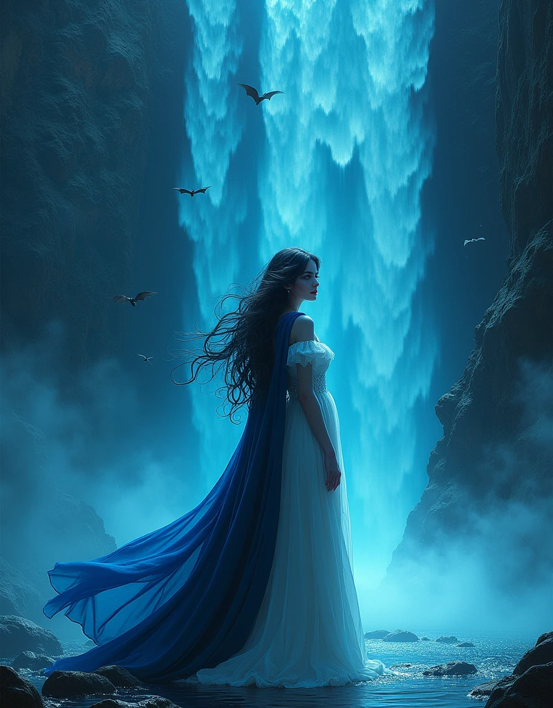 a picture of an exquisite beautiful female vampire standing under the starry night sky at the base of the waterfall, dynamic angle (ultra detailed, Masterpiece, best quality), ultra feminine, (black skin: 1.3),  dynamic hair color, wavy hair, dynamic eyes color, cold eyes, glowing eyes, intense eyes, dark red lips, wearing white dress (ultra detailed, Masterpiece, best quality), wearing blue cloak (ultra detailed, Masterpiece, best quality), long cloak, flowing cloak (ultra detailed, Masterpiece, best quality), wearing high heeled boots,  water coming down from a mountain, multi level water falls, several pools created in different levels, forming new waterfalls, water cascading into a pool steam rising, clear water in many hues of blue and azure falling, ultra best realistic, best details, best quality, 16k, [ultra detailed], masterpiece, best quality, (extremely detailed), ultra wide shot, photorealism, depth of field, hyper realistic painting, sky full of stars background, moon, bats flying about, high details, best quality, 8k, [ultra detailed], masterpiece, best quality, (ultra detailed), full body, ultra wide shot, photorealism, dark fantasy art, dark fantasy art, gothic art, many stars, dark fantasy art, gothic art, sense of dread, Intense gaze, magical sky