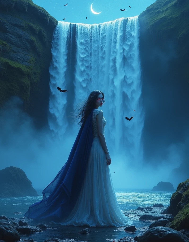 a picture of an exquisite beautiful female vampire standing under the starry night sky at the base of the waterfall, dynamic angle (ultra detailed, Masterpiece, best quality), ultra feminine, (black skin: 1.3),  dynamic hair color, wavy hair, dynamic eyes color, cold eyes, glowing eyes, intense eyes, dark red lips, wearing white dress (ultra detailed, Masterpiece, best quality), wearing blue cloak (ultra detailed, Masterpiece, best quality), long cloak, flowing cloak (ultra detailed, Masterpiece, best quality), wearing high heeled boots,  water coming down from a mountain, multi level water falls, several pools created in different levels, forming new waterfalls, water cascading into a pool steam rising, clear water in many hues of blue and azure falling, ultra best realistic, best details, best quality, 16k, [ultra detailed], masterpiece, best quality, (extremely detailed), ultra wide shot, photorealism, depth of field, hyper realistic painting, sky full of stars background, moon, bats flying about, high details, best quality, 8k, [ultra detailed], masterpiece, best quality, (ultra detailed), full body, ultra wide shot, photorealism, dark fantasy art, dark fantasy art, gothic art, many stars, dark fantasy art, gothic art, sense of dread, Intense gaze, magical sky