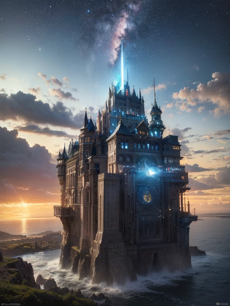 (8k, highest quality, masterpiece, final fantasy style: 1.2), (unRealistic, photoRealistic: 1.37), Dreamy landscape, Fantasy, Unsurreal landscapes, Super detailed, Flying Castle, Floating Island in the Sky, Seven-colored swirl of light, Intense lightning, milky way, Complex Light, Colored light, Large Lake, Starry sky reflected on the lake surface, Countless shining stars, Meteors,  Reflections , (A pillar of light emanated from the ground:1,2), roses and orchids gardens , sunset, pink clouds, waterfalls in the sky, realistic style, Hyperrealism drawing, a flying pirate spaceship floating at the clouds level, burning skyscrapers, cyborgs, timeless realms, stunning  princess  , floating ships,  casting spell, healing light magic effect, in a magical lagoon of the fairyland, crystal clear water surface reflections, sharp focus, looking at viewer, (close-up:0.9), (bright white theme:1.2), (bright white tone:1.2), (deep blue tone:1.3), realistic, Hyperrealism,vivid colours , cyborg 