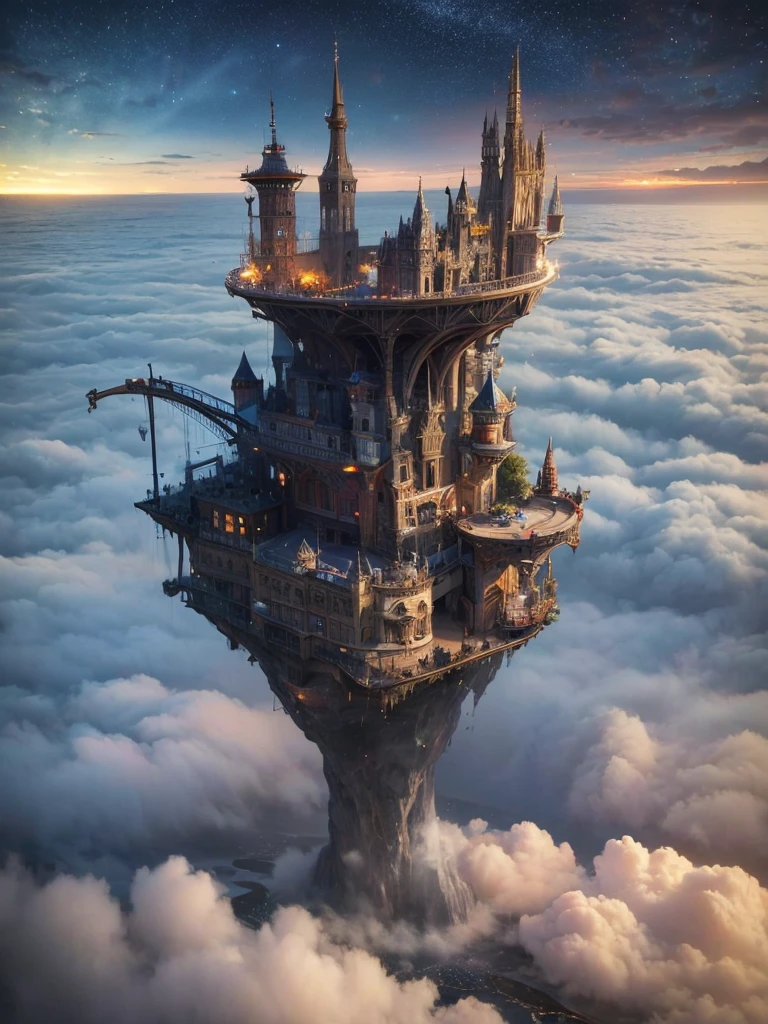 (8k, highest quality, masterpiece, final fantasy style: 1.2), (unRealistic, photoRealistic: 1.37), Dreamy landscape, Fantasy, Unsurreal landscapes, Super detailed, Flying Castle, Floating Island in the Sky, Seven-colored swirl of light, Intense lightning, milky way, Complex Light, Colored light, Large Lake, Starry sky reflected on the lake surface, Countless shining stars, Meteors,  Reflections , (A pillar of light emanated from the ground:1,2), roses and orchids gardens , sunset, pink clouds, waterfalls in the sky, realistic style, Hyperrealism drawing, a flying pirate spaceship floating at the clouds level, burning skyscrapers, cyborgs, timeless realms, stunning  princess  , floating ships,  casting spell, healing light magic effect, in a magical lagoon of the fairyland, crystal clear water surface reflections, sharp focus, looking at viewer, (close-up:0.9), (bright white theme:1.2), (bright white tone:1.2), (deep blue tone:1.3), realistic, Hyperrealism,vivid colours , cyborg 