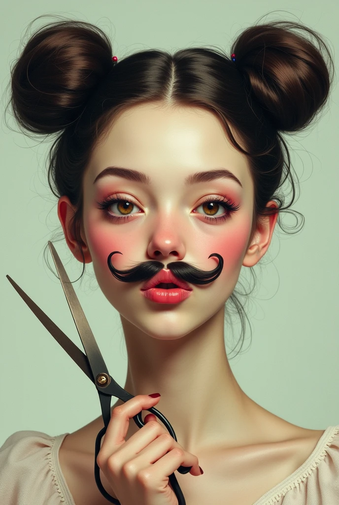 Woman's face with 2 buns covering her eyes with scissors and blowing a kiss with a mustache