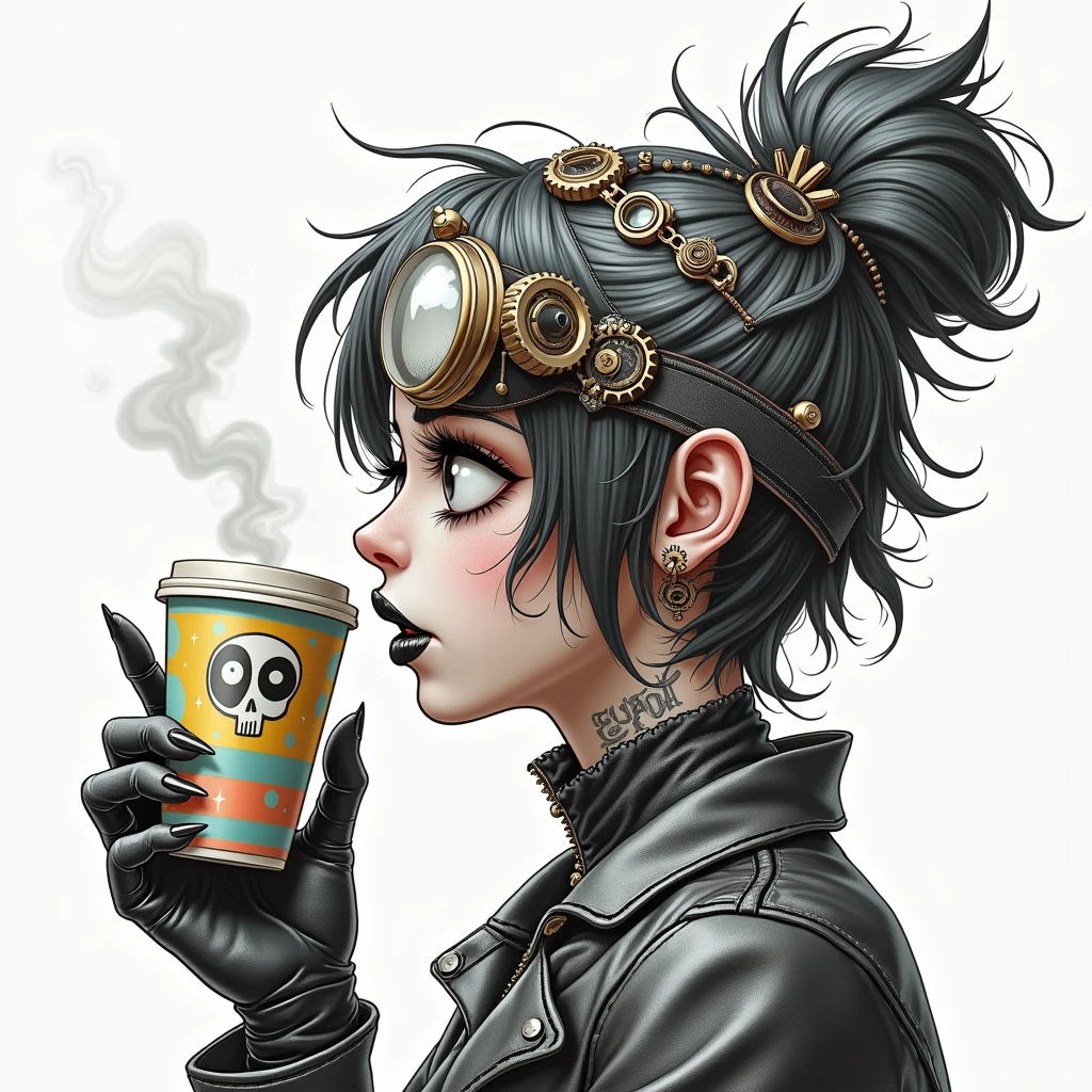 steampunk girl, black hair spikes on head, goth, fantasy, colorful, coffee paper cup in hand; image stylized retro-style, side pose, black lipstick, skull tattoo on neck, long finger nails, large black eyes, no back ground, steampunk elements on head and shoulder, black leather jacket, steam oxygen tank on back, black steampunk goggles on face