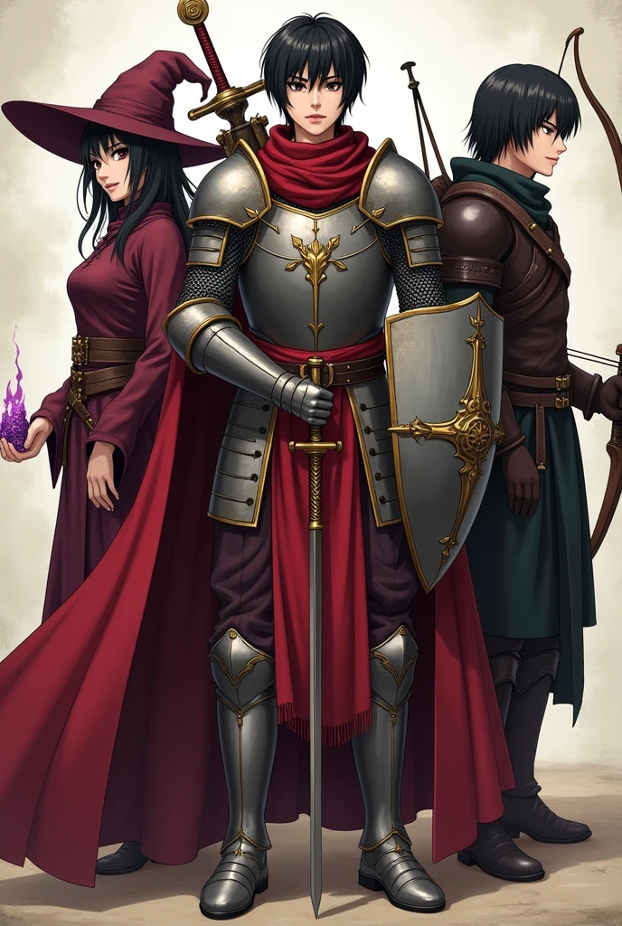 3 characters with Mikasa in the center, mikasa with short black hair wearing armor in a medieval era , full armor appearing to be a man but being a woman,holding a sword and shield on his back ,red tone clothes.with a sorceress and an archer at his side. realistic and 2d version. ,witch with some purple potions in her hand, a medium witch hat and the archer on top of a horse.
they in pants
.3 characters an archer, sorceress and knight