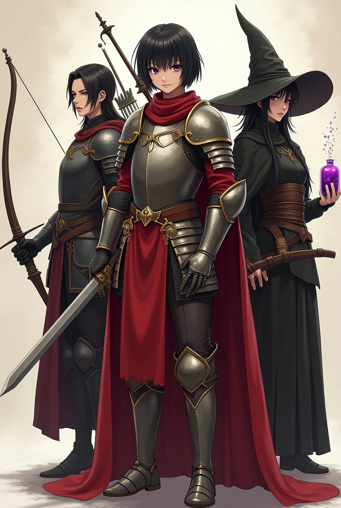 3 characters with Mikasa in the center, mikasa with short black hair wearing armor in a medieval era , full armor appearing to be a man but being a woman,holding a sword and shield on his back ,red tone clothes.with a sorceress and an archer at his side. realistic and 2d version. ,witch with some purple potions in her hand, a medium witch hat and the archer on top of a horse.
they in pants
.3 characters an archer, sorceress and knight