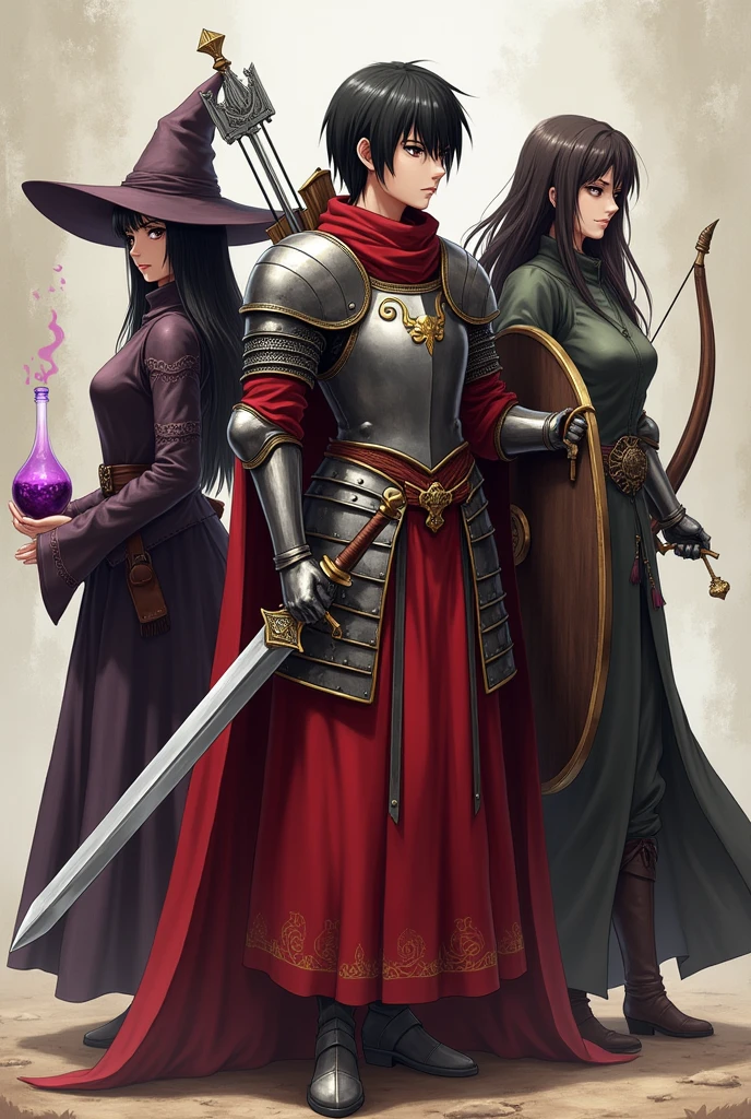  3 characters with Mikasa in the center, mikasa with short black hair wearing armor in a medieval era , full armor appearing to be a man but being a woman,holding a sword and shield on his back ,red tone clothes.with a sorceress and an archer at his side. realistic and 2d version.  ,witch with some purple potions in her hand, a medium witch hat and the archer on top of a horse.
they in pants
.3 characters an archer, sorceress and knight
