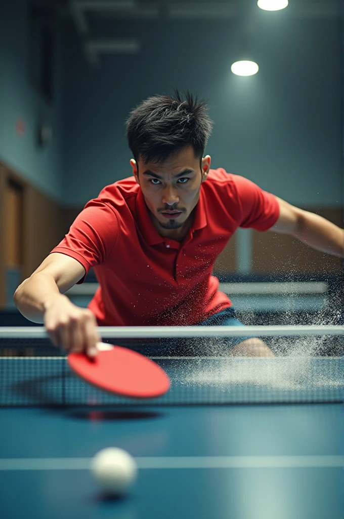 Table tennis player smashing a ball with his racket