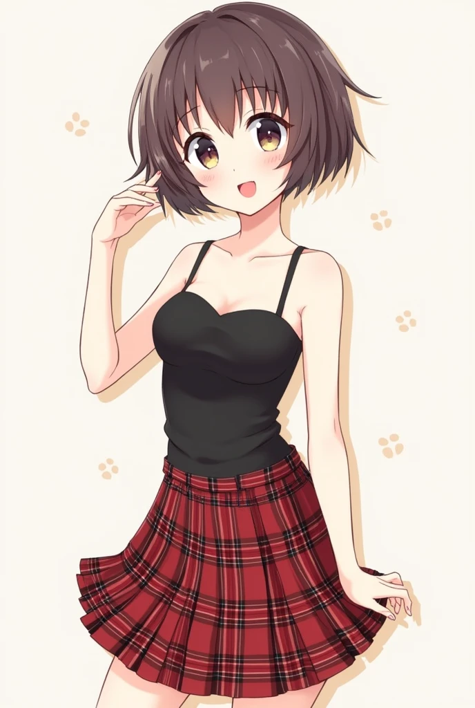Short haircut)), adorable, 1 girl, (face to face), 18 years old, happy, half body portrait, (face details: 1), (eye details: 1), ((tiny breasts)). ((SHORT Plaid pleated skirt)), ((red lips)), ((Strapless))