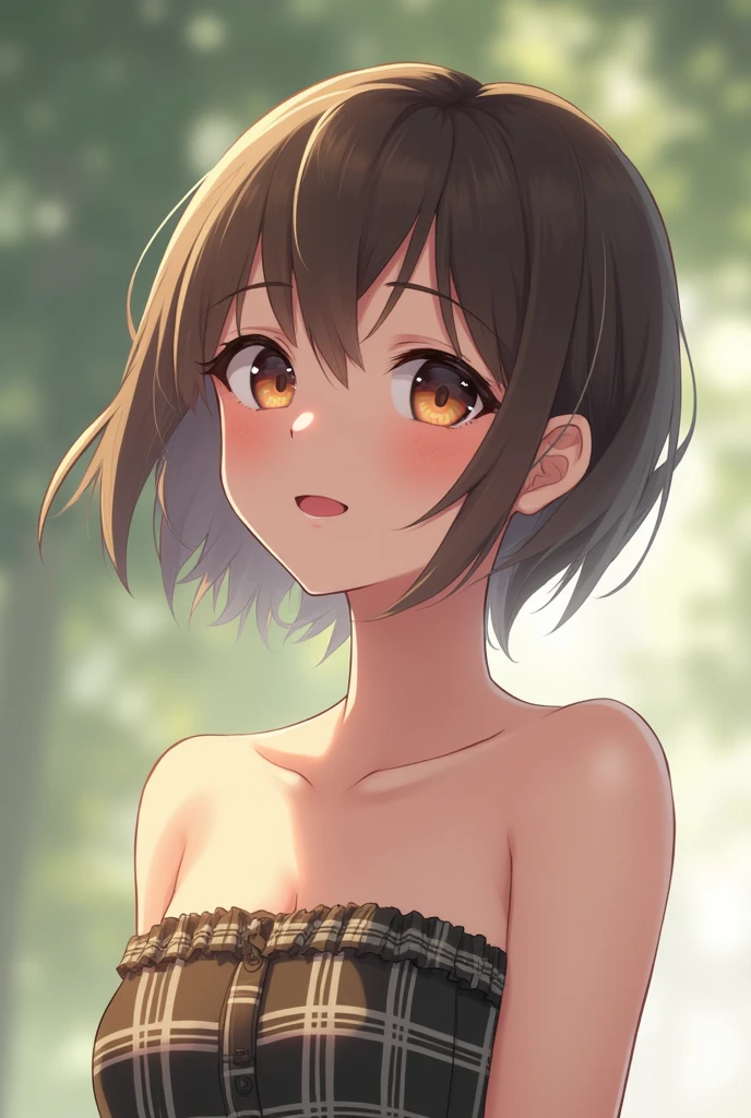Short haircut)), adorable, 1 girl, (face to face), 18 years old, happy, half body portrait, (face details: 1), (eye details: 1), ((tiny breasts)). ((SHORT Plaid pleated skirt)), ((red lips)), ((Strapless))