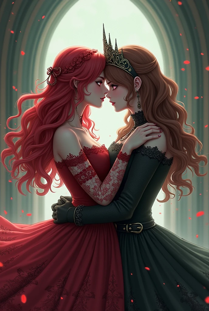 a girl with red hair red eyes tough gothic manner kissing brown hair green eyes royal princess dress anime style