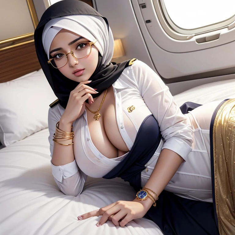 Beautiful square glasses sexy hijabi 18 years old  as flight attendant in white uniform, voluptuous breasts, wear golden bangles, bracelets, necklaces, swiss polo golden watch, lying to pilot, on bed, lovely eyes, detailed horny face expression, shy