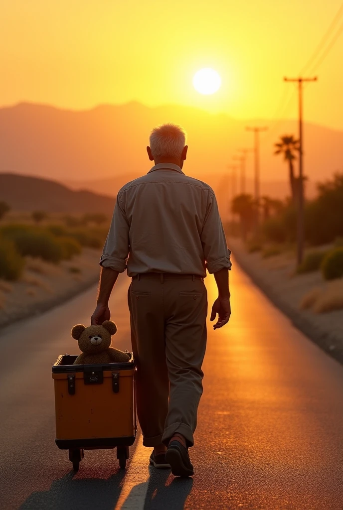 55 year old man carrying a wheeled toolbox walking facing the sun on an asphalt road, on one side desert and on the other side green vegetation leading to the sunset and in the box a small brown teddy bear