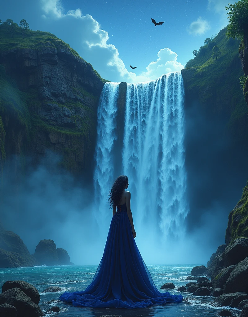 a picture of an exquisite beautiful female African vampire standing under the starry night sky at the base of the waterfall, dynamic angle (ultra detailed, Masterpiece, best quality), ultra feminine, (black skin: 1.3),  dynamic hair color, wavy hair, dynamic eyes color, cold eyes, glowing eyes, intense eyes, dark red lips, wearing white dress (ultra detailed, Masterpiece, best quality), wearing blue cloak (ultra detailed, Masterpiece, best quality), long cloak, flowing cloak (ultra detailed, Masterpiece, best quality), wearing high heeled boots,  water coming down from a mountain, multi level water falls, several pools created in different levels, forming new waterfalls, water cascading into a pool steam rising, clear water in many hues of blue and azure falling, ultra best realistic, best details, best quality, 16k, [ultra detailed], masterpiece, best quality, (extremely detailed), ultra wide shot, photorealism, depth of field, hyper realistic painting, sky full of stars background, moon, bats flying about, high details, best quality, 8k, [ultra detailed], masterpiece, best quality, (ultra detailed), full body, ultra wide shot, photorealism, dark fantasy art, dark fantasy art, gothic art, many stars, dark fantasy art, gothic art, sense of dread, Intense gaze, magical sky