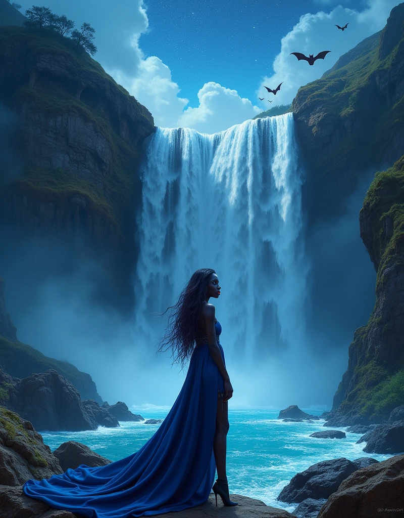 a picture of an exquisite beautiful female African vampire standing under the starry night sky at the base of the waterfall, dynamic angle (ultra detailed, Masterpiece, best quality), ultra feminine, (black skin: 1.3),  dynamic hair color, wavy hair, dynamic eyes color, cold eyes, glowing eyes, intense eyes, dark red lips, wearing white dress (ultra detailed, Masterpiece, best quality), wearing blue cloak (ultra detailed, Masterpiece, best quality), long cloak, flowing cloak (ultra detailed, Masterpiece, best quality), wearing high heeled boots,  water coming down from a mountain, multi level water falls, several pools created in different levels, forming new waterfalls, water cascading into a pool steam rising, clear water in many hues of blue and azure falling, ultra best realistic, best details, best quality, 16k, [ultra detailed], masterpiece, best quality, (extremely detailed), ultra wide shot, photorealism, depth of field, hyper realistic painting, sky full of stars background, moon, bats flying about, high details, best quality, 8k, [ultra detailed], masterpiece, best quality, (ultra detailed), full body, ultra wide shot, photorealism, dark fantasy art, dark fantasy art, gothic art, many stars, dark fantasy art, gothic art, sense of dread, Intense gaze, magical sky