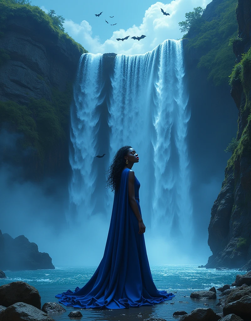 a picture of an exquisite beautiful female African vampire standing under the starry night sky at the base of the waterfall, dynamic angle (ultra detailed, Masterpiece, best quality), ultra feminine, (black skin: 1.3),  dynamic hair color, wavy hair, dynamic eyes color, cold eyes, glowing eyes, intense eyes, dark red lips, wearing white dress (ultra detailed, Masterpiece, best quality), wearing blue cloak (ultra detailed, Masterpiece, best quality), long cloak, flowing cloak (ultra detailed, Masterpiece, best quality), wearing high heeled boots,  water coming down from a mountain, multi level water falls, several pools created in different levels, forming new waterfalls, water cascading into a pool steam rising, clear water in many hues of blue and azure falling, ultra best realistic, best details, best quality, 16k, [ultra detailed], masterpiece, best quality, (extremely detailed), ultra wide shot, photorealism, depth of field, hyper realistic painting, sky full of stars background, moon, bats flying about, high details, best quality, 8k, [ultra detailed], masterpiece, best quality, (ultra detailed), full body, ultra wide shot, photorealism, dark fantasy art, dark fantasy art, gothic art, many stars, dark fantasy art, gothic art, sense of dread, Intense gaze, magical sky
