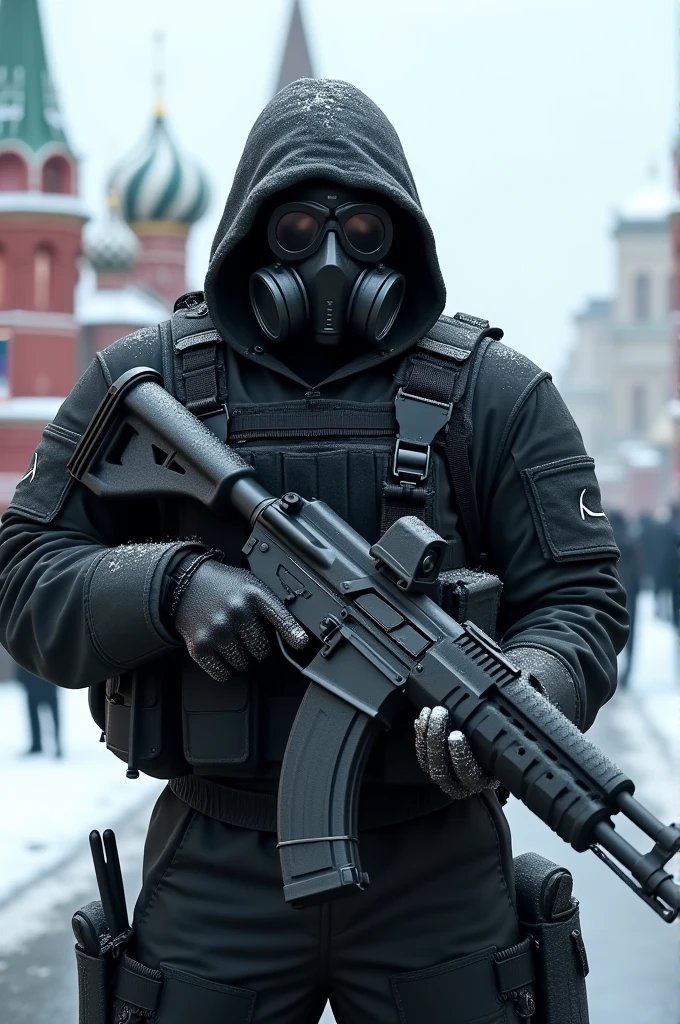 A soldier in a black gas mask that covers his entire face with an AK-74 on Red Square (It's snowing outside)