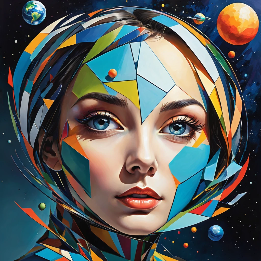 "Visualize an interpretation of the earth on one side of the face. Break down the shape of the Earth into geometric shapes and fragmented planes, To capture its movement and energy in a unique and abstract way. Incorporate bold colors and sharp angles, to convey a feeling of movement and tension. Play with perspective and layering, to create a multidimensional composition, which questions traditional notions of space and form. Be inspired by the avant-garde spirit of surreal realism and see nature in a fresh and innovative light.. Unleash your creativity, as you bring this imaginative scene to life on the screen 