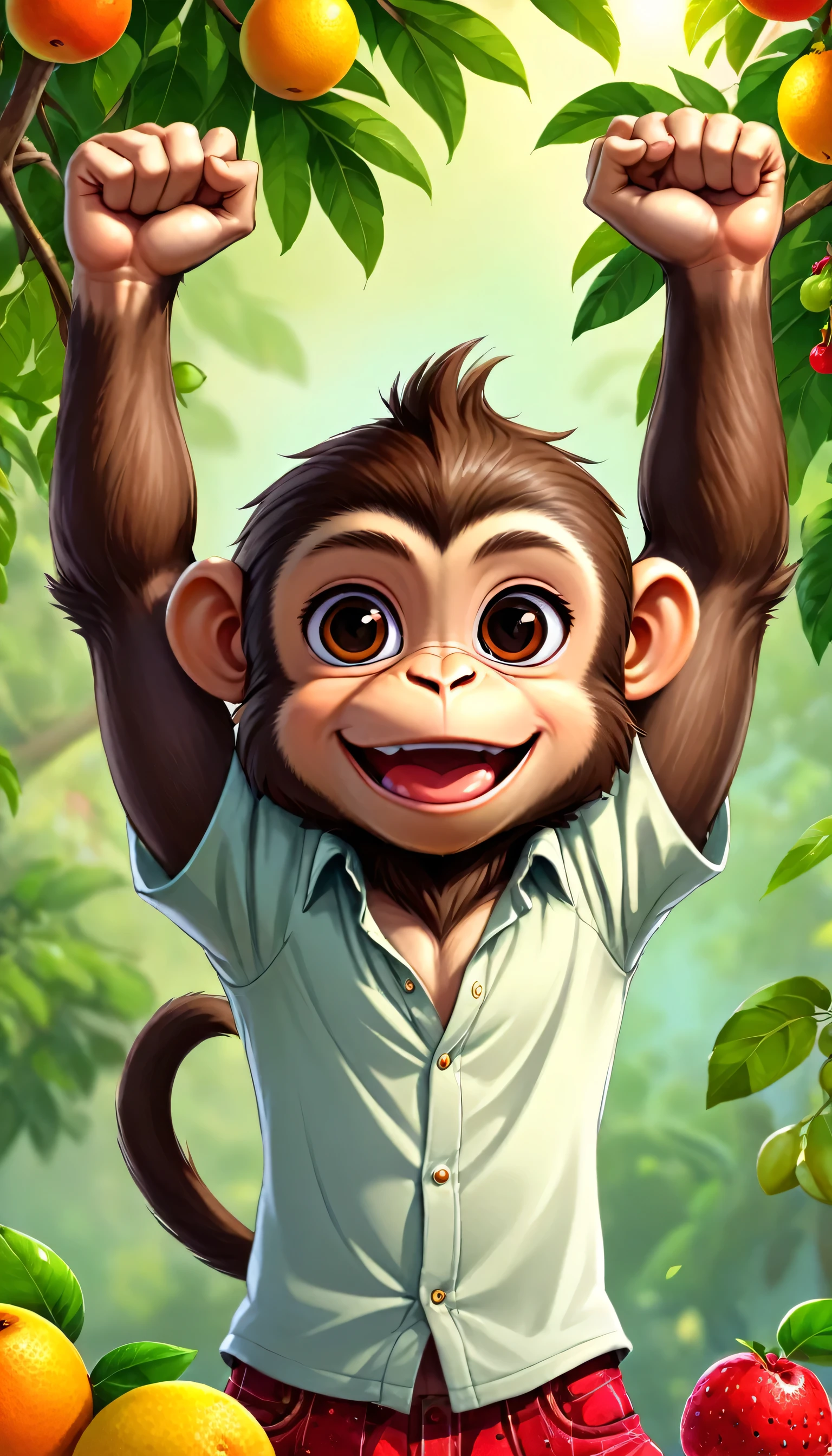 cute monkey, cartoon , arms, hands ,cute eyes, looking at viewer, arms up, close, background, fruits, tree, cute clothes, shirt