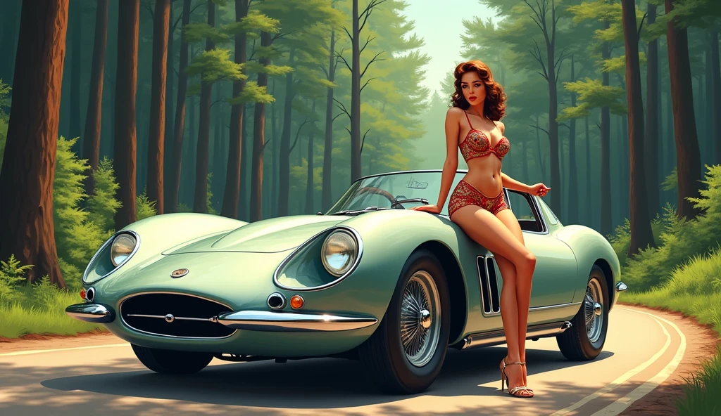 (photorealism:1.2), brunette woman, tanned skin and cinnamon-colored hair, She is naked with her legs open sitting on top of a lime green classic car
