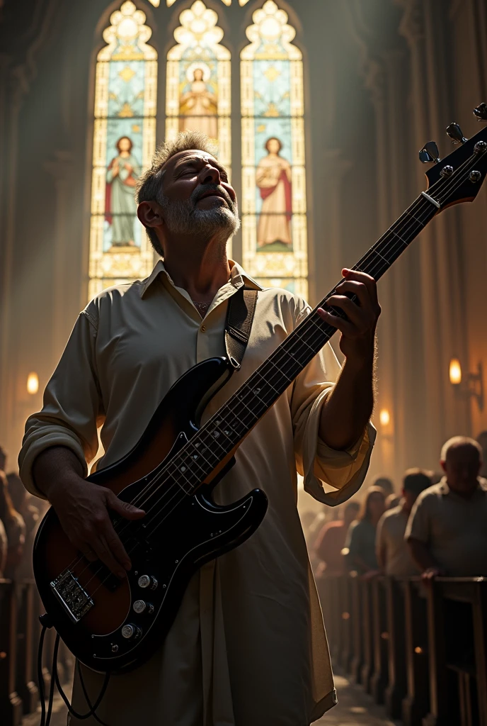 A bassist man worshiping God intensely