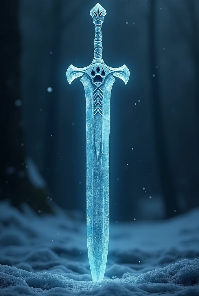 the picture shows a huge sword, which looks powerful and has ice-blue reflections. The handle is very elegantly decorated and looks as if it were made of ice. a bear paw is engraved on the upper part of the blade