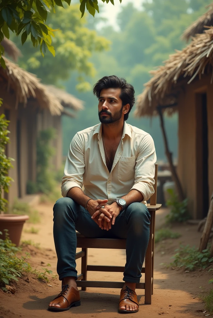Shahid Kapoor is sitting on a chair in a village.
