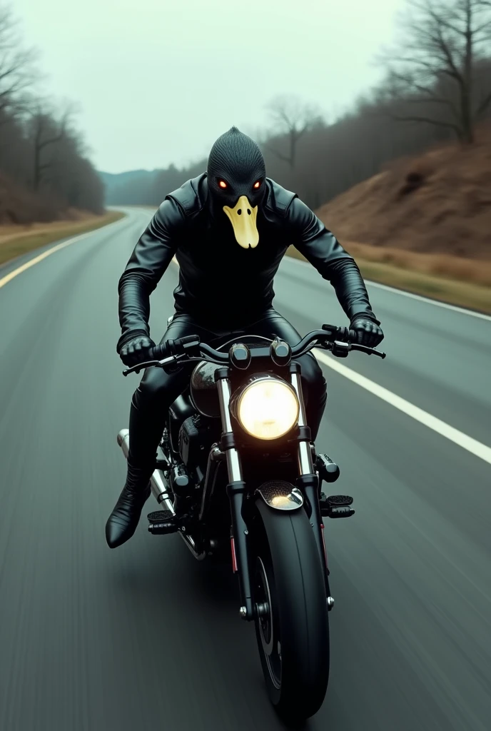 dark black biker with duck head, high speed on the road
