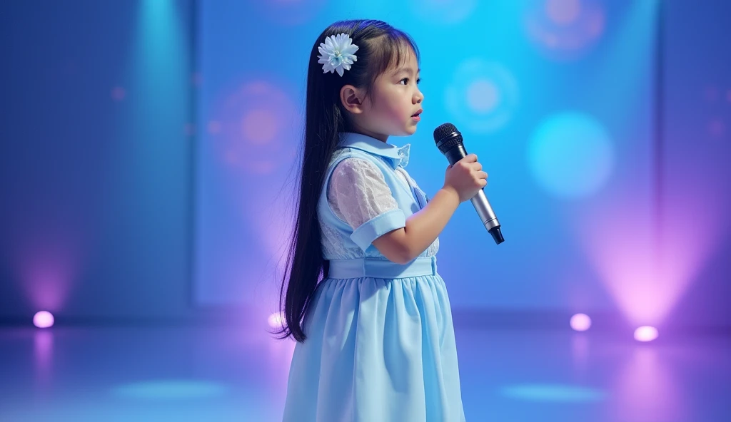 Long shot profile portrait photo of a beautiful 6 girl, black long straight hair, Japanese american, performing on a light blue and light purple colorful stage with stage lights and a microphone, Top: Baby blue sweet collar, front button closure, baby blue solid skirt and Matching beautiful Bow Tie, flower clip with baby blue petals, white shoes with light blue laces and little flowers