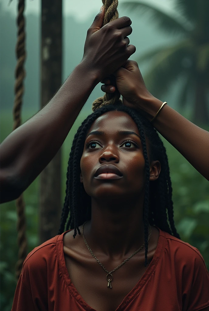 man tightening rope noose around congolese woman neck, -yeld wo, man putting rope around woman's neck, womanserious expression, woman empty expression, wide-eyed, scared, execution by hanging, gallows