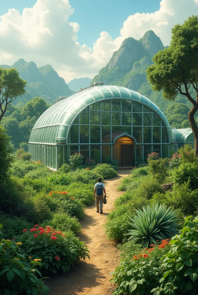 A house under a huge green house dome, rich with vegetation making a small a little world that supports its ecosystem and in it is a house of a farmer who lives in that big dome with a vast land for farming under that huge greenhouse including his house 