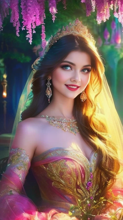 (a beautiful woman in a stunning gown of flowing silk with a radiant smile and captivating eyes),vibrant colors,highres,ultra-detailed,sharp focus,soft lighting,realistic,fantasy-inspired,portraits,subtle color palette,ethereal glow,fairytale,graceful,pastel shades,enchanted garden,lovely flowers,twinkling lights,whimsical ambiance