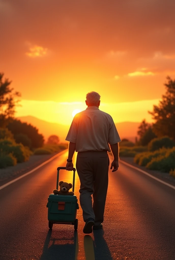 55 year old man carrying a wheeled toolbox walking facing the sun on an asphalt road, on one side desert and on the other side green vegetation leading to the sunset and in the box a small brown teddy bear