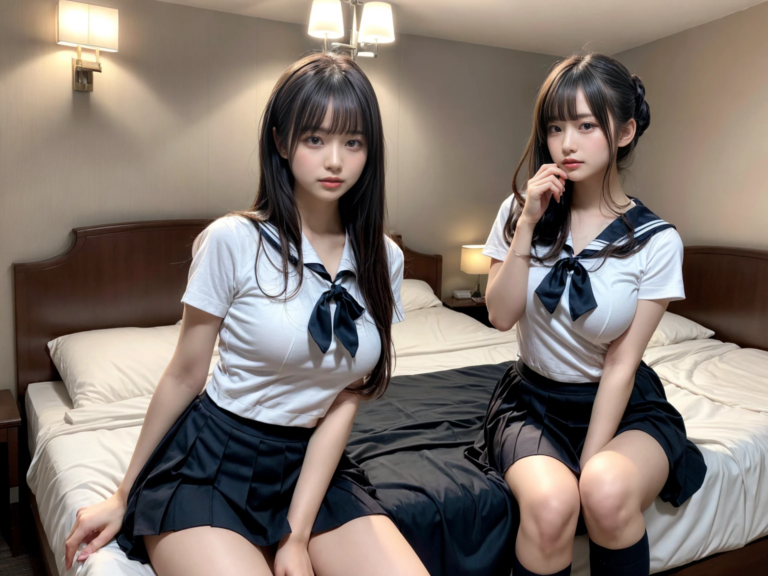 masterpiece, best quality, illustration, Super detailed, fine details, High resolution, 8K,wall paper, perfect dynamic composition,(Details High quality, realistic depiction of eyes:1.3), (3 girls), Black Sailor Uniform, serafuku, Navy pleated skirt, sitting, open legs, short bob hair, in a hotel room in the background, deep on field, large breasts, black hair color, Big Natural Color Lip, (perfect body shape), crying a little、Harajuku style、20 year old girl、cute type、beautiful legs, Gravure Idol