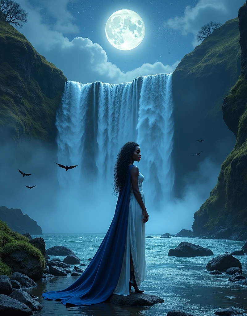 a facial portrait picture of an exquisite beautiful female African vampire standing under the starry night sky at the base of the waterfall, dynamic angle (ultra detailed, Masterpiece, best quality), ultra feminine, (black skin: 1.3),  dynamic hair color, wavy hair, dynamic eyes color, cold eyes, glowing eyes, intense eyes, dark red lips, wearing white dress (ultra detailed, Masterpiece, best quality), wearing blue cloak (ultra detailed, Masterpiece, best quality), long cloak, flowing cloak (ultra detailed, Masterpiece, best quality), wearing high heeled boots,  water coming down from a mountain, multi level water falls, several pools created in different levels, forming new waterfalls, water cascading into a pool steam rising, clear water in many hues of blue and azure falling, ultra best realistic, best details, best quality, 16k, [ultra detailed], masterpiece, best quality, (extremely detailed), ultra wide shot, photorealism, depth of field, hyper realistic painting, sky full of stars background, moon, bats flying about, high details, best quality, 8k, [ultra detailed], masterpiece, best quality, (ultra detailed), full body, ultra wide shot, photorealism, dark fantasy art, dark fantasy art, gothic art, many stars, dark fantasy art, gothic art, sense of dread, Intense gaze, magical sky