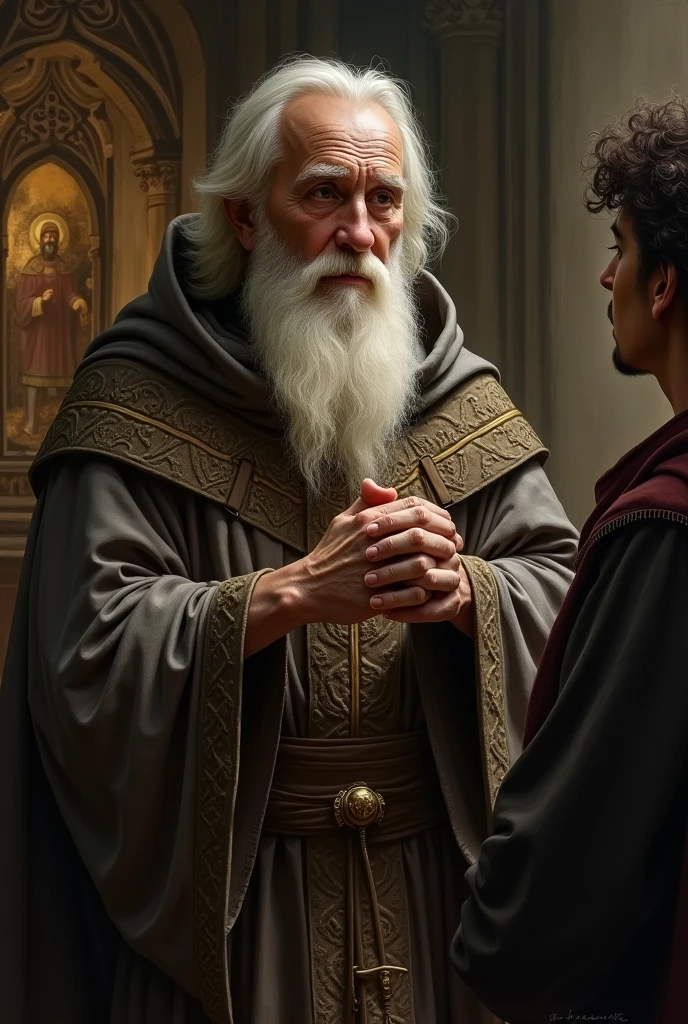 A priest, with beard and white hair, thinking and telling something to someone